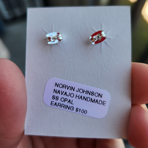 Indian Navajo Handmade Norvin Johnson Sterling Silver 925 Opal Inlay Earrings - Picture 3 of 7